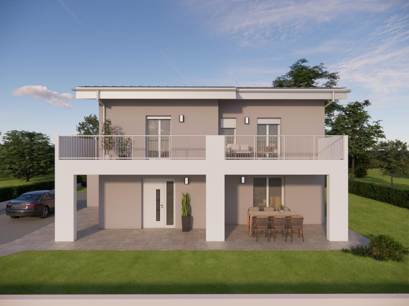 Render di progetto del prospetto d’ingresso, con il balcone del primo piano sopra il portico.